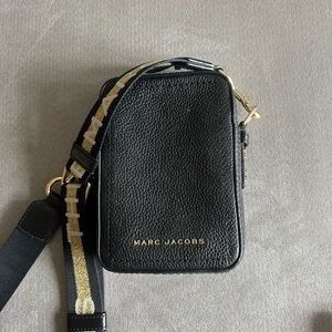 Marc Jacobs Black Pebbled Leather Messenger with Gold Logo and Web Strap
